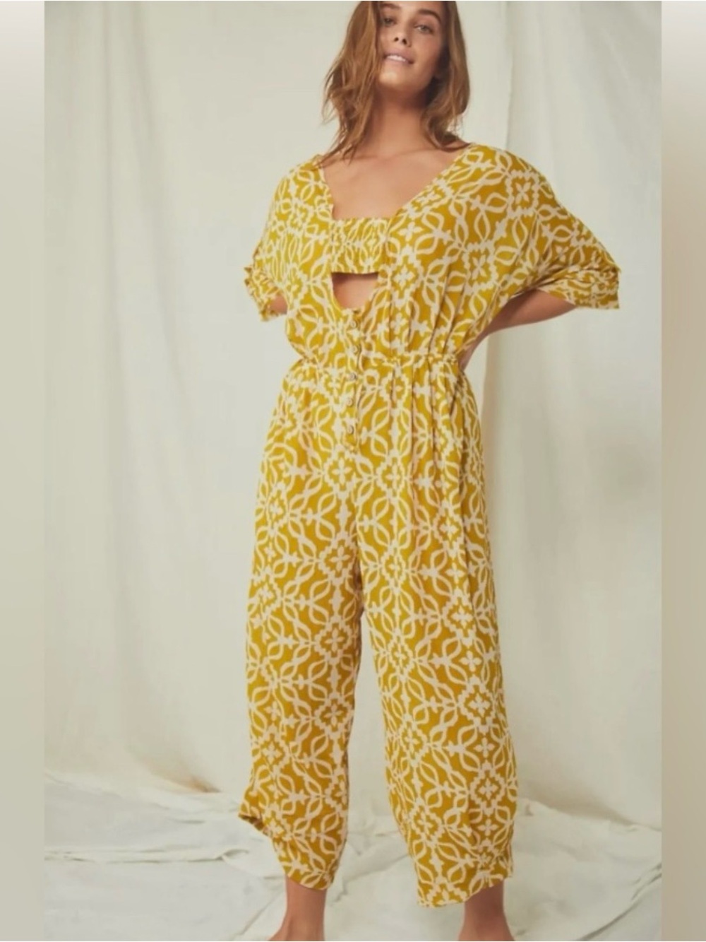 Free People Plus Size Yellow Printed Wide-Leg Cutout Jumpsuit